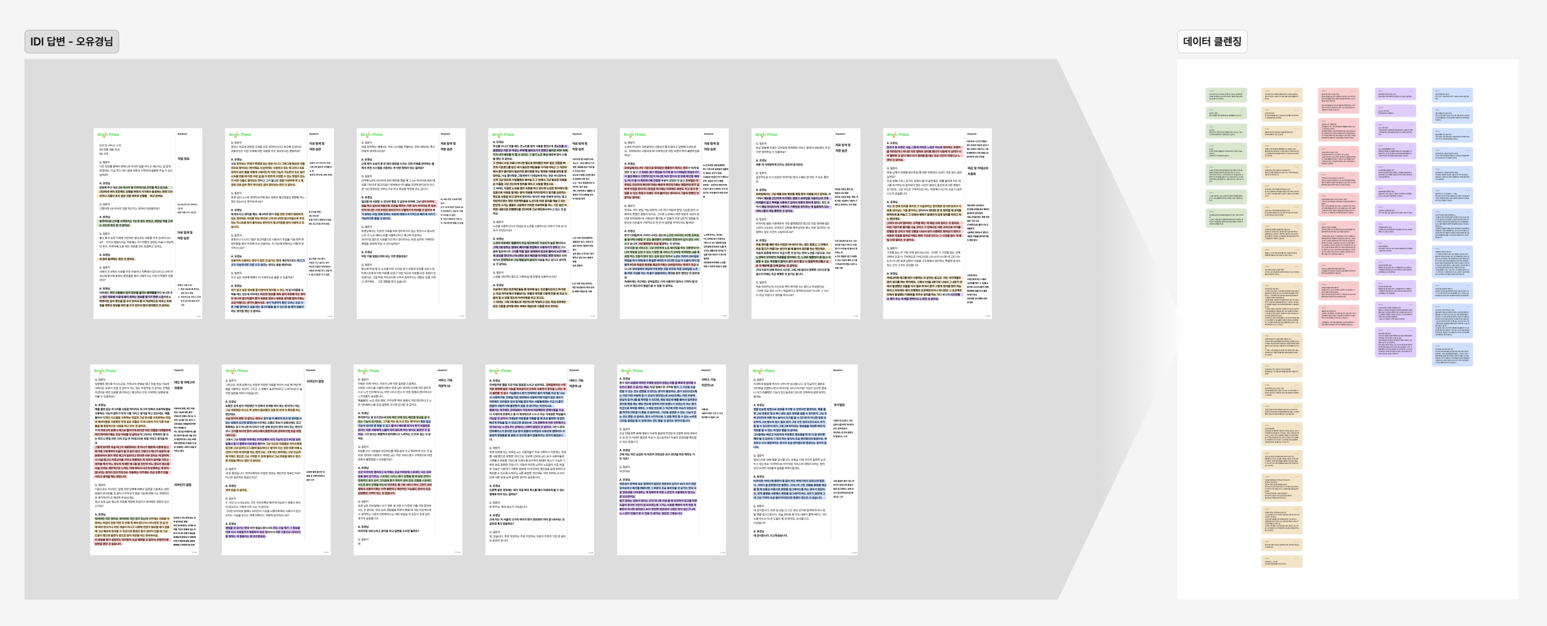 Pain Point, Needs, Behavior, Fact, Feeling 5개 항목으로 IDI 답변을 분류하고 각 항목별로 그룹핑했습니다.