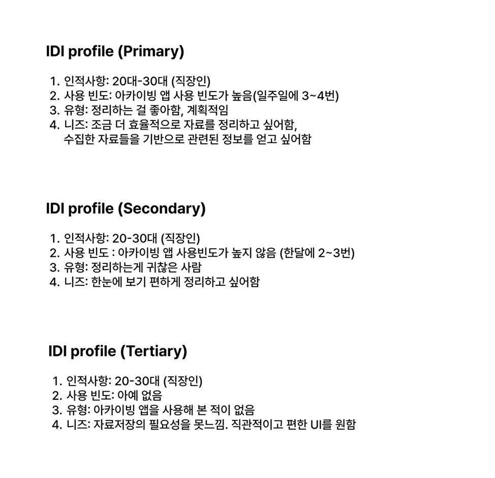 Affinity Diagram을 통해 사용자들의 객관적인 특성을 반영하여 User Profile을 작성했습니다. 처음엔 Primary, Secondary, Tertiary를 작성했지만 타겟유저로서 Tertiary는 회의 끝에 삭제하고 Primary, Secondary로만 페르소나를 구성했습니다.