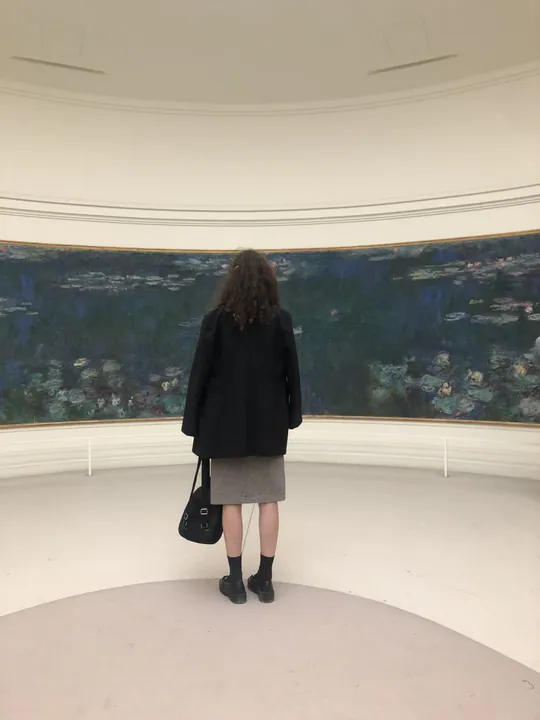 곡선 벽을 따라 걸린 수련 그림 앞에 선 사람